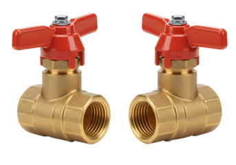 Two close up brass ball valves with red handles Isolated on transparent background