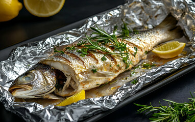 Grilled fish fillet with lemon and herbs, beautifully presented in foil for a delicious dining experience.