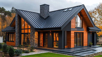 Modern chalet style house with dark gray metal roof and orange wooden siding.  Exterior view of a luxury home, featuring large windows, stone accents, and a landscaped yard.  Cozy autumn setting.