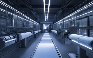 Modern industrial interior featuring advanced machinery and technology in a well-lit production facility.
