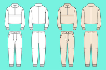Outwear half zip through tracksuit outline flat sketch template Front and Back views.