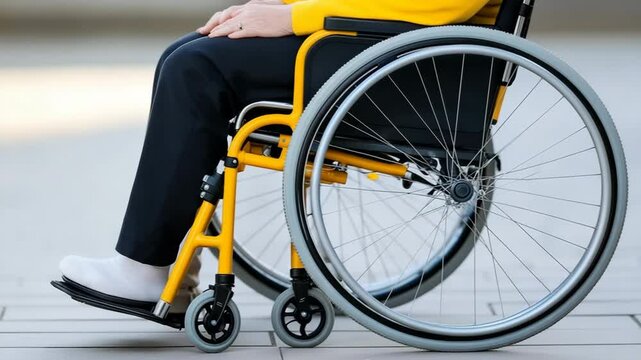 A person in a wheelchair is sitting on a sidewalk. The wheelchair is yellow and has a white wheel