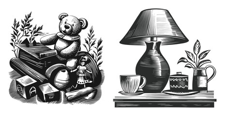 Charming Vintage Illustration of Teddy Bear and Home Decor Elements