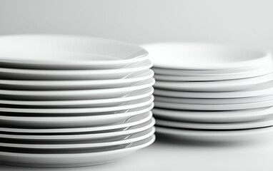 Obraz premium Stacked white plates arranged neatly, ideal for restaurant or kitchen settings.