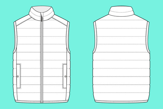 Winter funnel neck zip through gilet Black and White technical drawing fashion flat sketch vector illustration template outline CAD mockup front and back views.