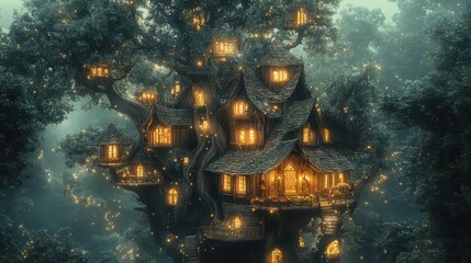 Magical treehouse village at night with glowing lights in enchanted forest