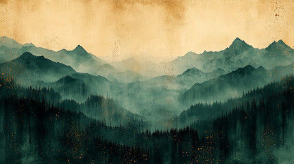 Misty mountain range landscape with vintage sepia effect.