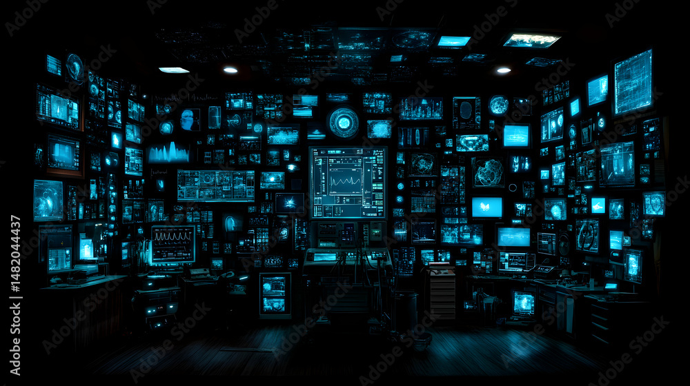 Poster futuristic control room filled with numerous glowing screens displaying data streams, graphs, and di