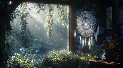Magical dreamcatcher cottage: web windows, feather gardens, good dream sprites. Protective morning light. 