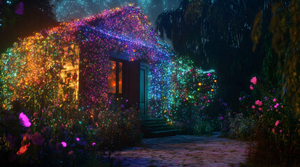 Magical fiber optic cottage: light strand walls, glow gardens, photon sprites. Technicolor data streams.