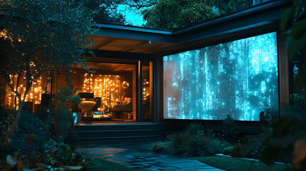 Magical hologram cottage: 3D projection walls, light gardens, illusion sprites. Futuristic shimmer.