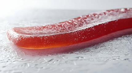 A long, reddish-pink, glossy, textured slab rests on a light-gray surface with subtle patterns.  It has a smooth, almost wet appearance