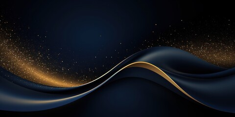 A dark blue and gold abstract wave design with a golden line in the foreground and a dark blue background with a golden dust effect.