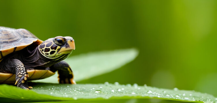 Turtle sitting on green leaf