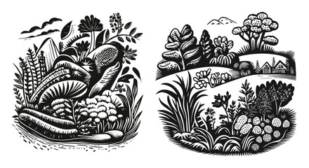 Black and White Illustrative Landscape of Natural Flora and Fauna