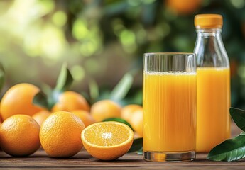Fresh orange juice in bottle and glass