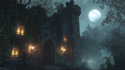 A medieval castle covered in ivy with glowing lanterns in the windows, mist swirling around under a glowing full moon