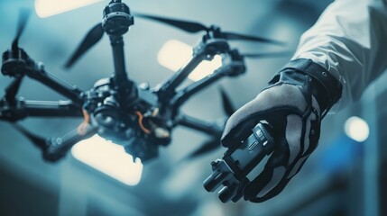 Close-up of a robotic hand manipulating a drone in a modern facility.