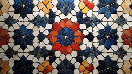 Intricate, colorful mosaic tile pattern with geometric floral designs.