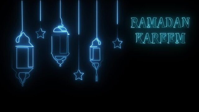Neon glowing One continuous line of Ramadan kareem. Islamic decoration with lanter and star in simple linear style. muslim religious holiday celebration. Editable stroke.