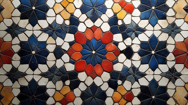 Intricate, colorful mosaic tile pattern with geometric floral designs.