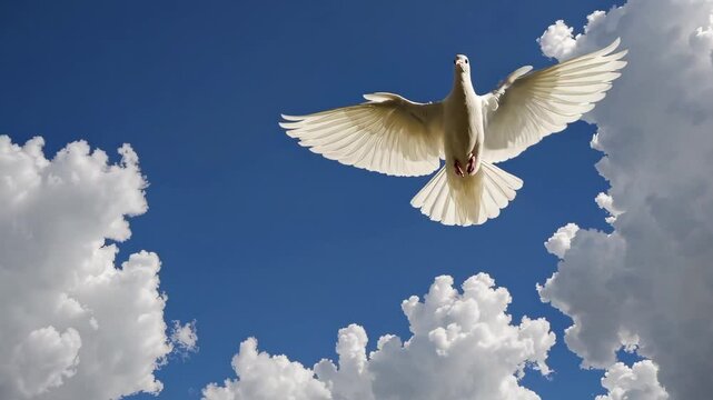 White dove flying with wings spread wide across bright blue sky and fluffy clouds, peaceful freedom and purity symbolism in motion