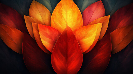 Vibrant autumn leaves, layered in warm colors, against a dark background.