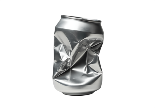 Crushed aluminum soda or beer can Isolated on transparent background close up