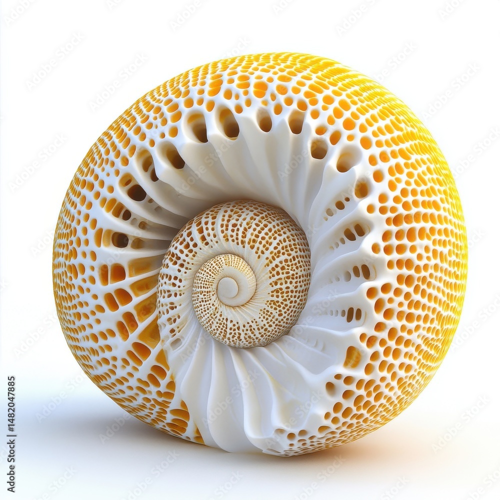 Poster abstract yellow and white spiral shell 3d rendering