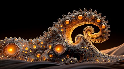 Obraz premium An intricate, ornate wave-like structure of metallic gears and glowing orbs on dark terrain