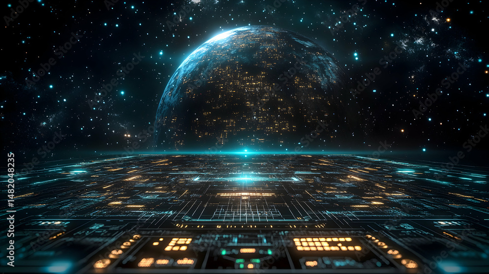 Poster futuristic digital landscape with glowing circuits extending to a distant, illuminated planet under 