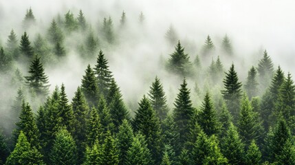 Fototapeta premium Misty evergreen forest canopy viewed from above.