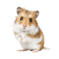 A cute hamster with brown and white fur looks directly at the camera isolated.