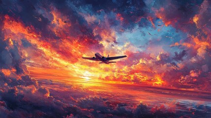 Naklejka premium Small plane flying through dramatic colorful sunset clouds