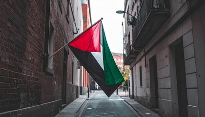 A flag hangs from a brick building down a narrow alleyway