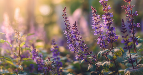 Obraz premium Close-up of blooming purple salvia flowers in a garden during golden hour