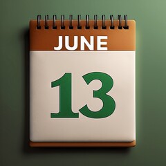 Illustration of paper calendar with date 13 June. Day and month for birthday, anniversary or appointment