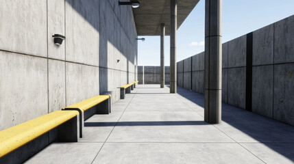 Obraz premium modern outdoor space with concrete walls, yellow benches, and strong sunlight casting shadows on the ground.
