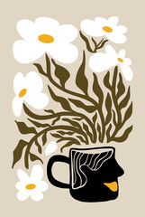 Abstract Boho floral wall decor framed hand drawn illustration