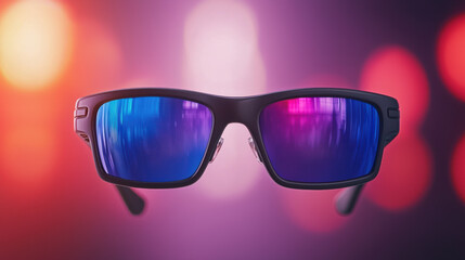 Black sunglasses with blue and purple reflective lenses, set against a colorful, blurred lights background.