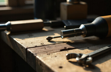 Various metal tools, milling cutters are laid out on old wooden workbench. Natural sunlight from window. Copy space for text.