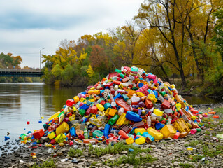 Plastic rubbish. Massive pile of colorful plastic waste in river bank, landfill. Recycling  litter, pollution, ecology, environmental responsibility concept. Copy space for text.