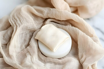 Obraz premium Elegant beige fabric draped artfully, showcasing a smaller off-white fabric square on a white pedestal. Soft, neutral tones and textures.