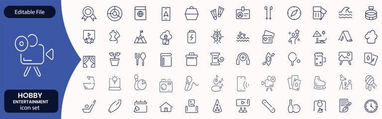 Hobby and recreation linear icons collection. Hobbies for children and adults at home and outdoors. Sports, diving, dancing, reading, drawing, music and singing. Editable stroke outline icon