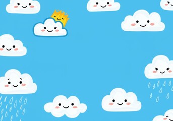 Illustration: Cute Pixel Clouds and Sun with Rain on Blue Sky