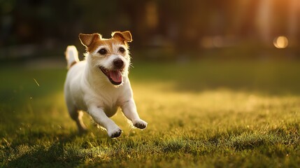 Jack Russell terrier dashes through grass with joyful energy, embodying carefree spirit of play.
