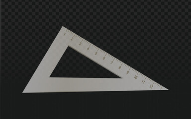 Realistic vector graphic of a metallic triangular ruler or set square with markings. Isolated drafting and measuring tool object perfect for education, technical, or design projects. 
