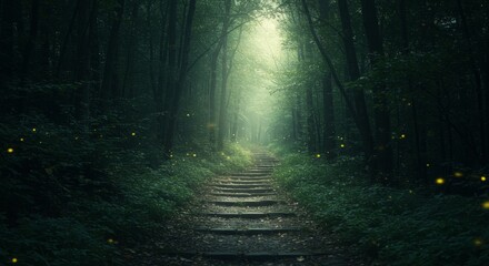 Illustration: Magical Forest Path with Fireflies and Glowing Light