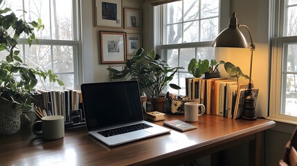 Fototapeta premium Cozy workspace with plants, books, and a laptop.