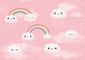 Illustration: Pixel Art Kawaii Rainbow And Clouds On Pink Background